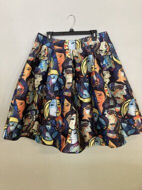 Banjul Picasso Style Colorful Face Art Flair Poofy Skirt ~ Lined With Pleats Bac